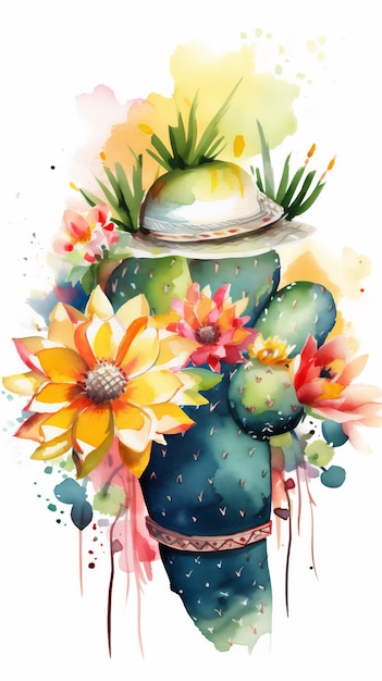 Una pintura de acuarela de un cactus con cactus y flores.