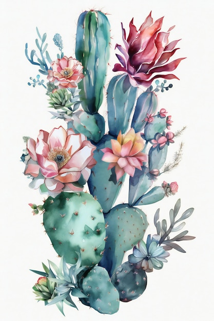 Una pintura de acuarela de un cactus con una flor rosa.