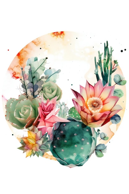 Una pintura de acuarela de un cactus con flores.