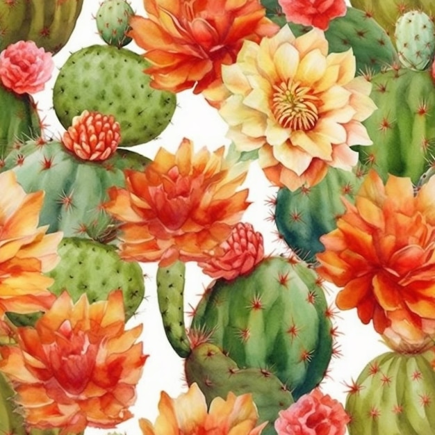 Una pintura de acuarela de un cactus con un patrón de flores.