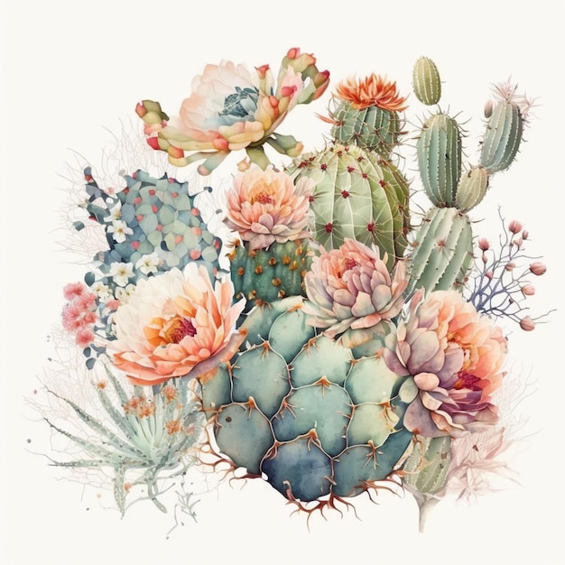 Pintura de acuarela de cactus y suculentas de la artista michelle generative ai