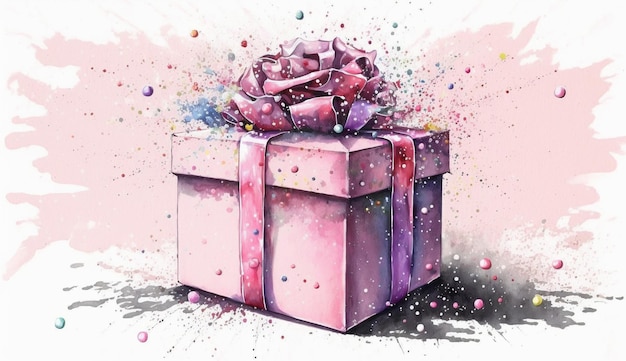 Una pintura de acuarela de una caja de regalo rosa con un lazo rosa y un lazo rosa.