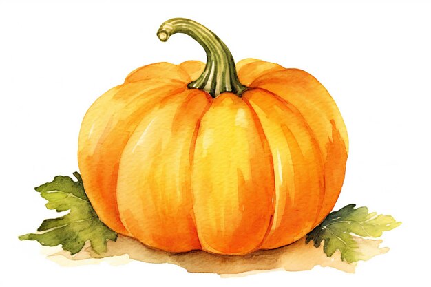 Una pintura de acuarela de una calabaza con un tallo verde