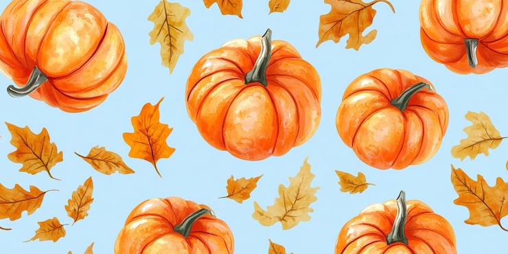una pintura en acuarela de calabazas con hojas y hojas