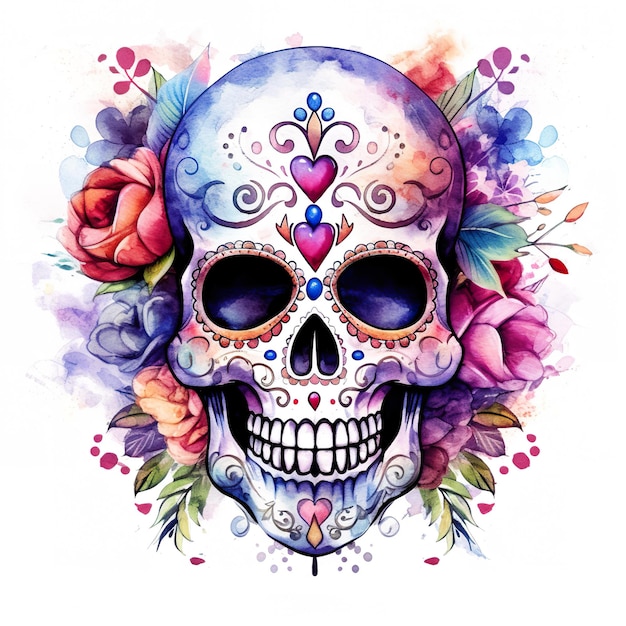 Una pintura de acuarela de una calavera con flores imagen ai generativa