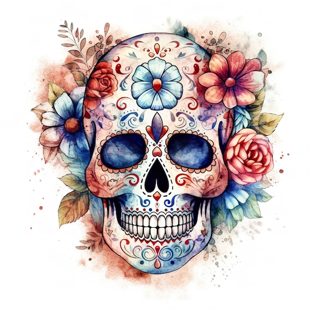 Una pintura de acuarela de una calavera con flores imagen ai generativa