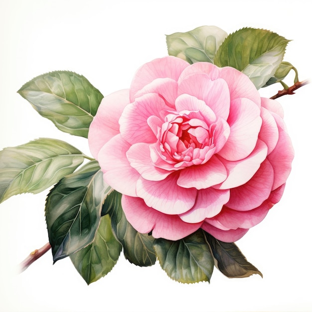 Pintura en acuarela de camelia con fondo blanco