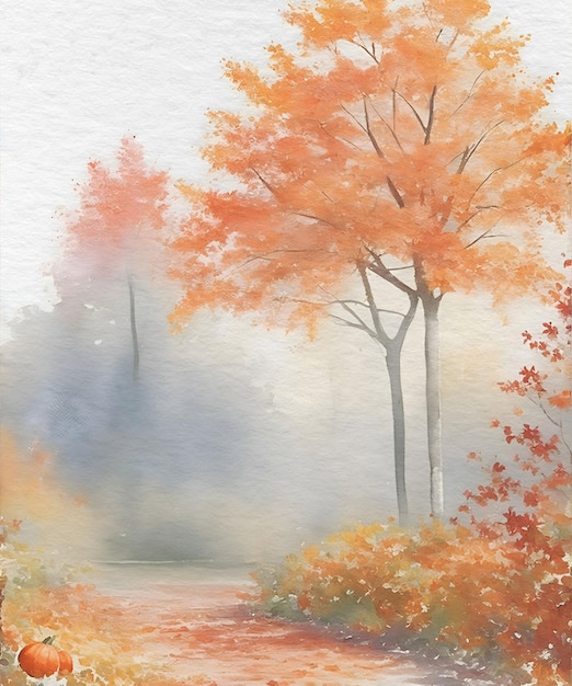 Pintura de acuarela de un camino con árboles y una calabaza Una encantadora escena de otoño