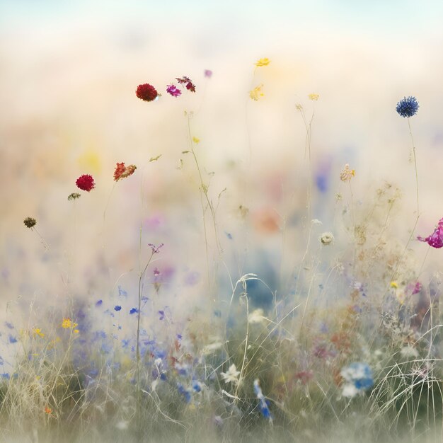 Una pintura en acuarela de un campo de flores silvestres con cada flor pintada con intrincados detalles