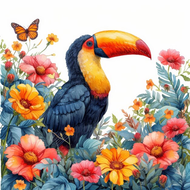 Foto pintura a acuarela de un campo de flores vibrante con una ia generativa de toucan