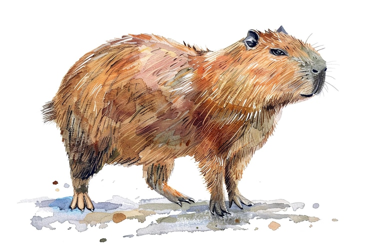 Foto pintura en acuarela de una capibara con tonos marrones y beige vibrantes aislados sobre un fondo blanco con un estilo naturalista animales silvestres