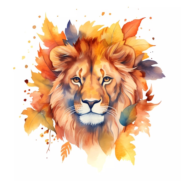 Una pintura de acuarela de la cara de un león con hojas de otoño.