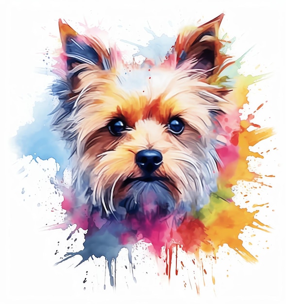 Una pintura de acuarela de la cara de un perro con un fondo de color.