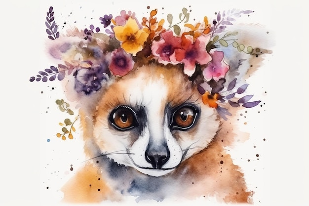 Pintura en acuarela de la cara de la suricata linda en flores coloridas IA generativa