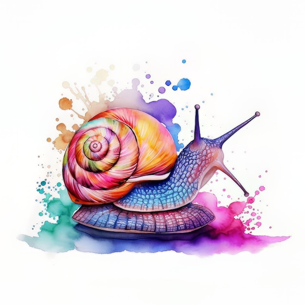 Una pintura de acuarela de un caracol con un caparazón azul.