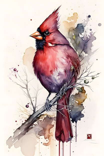 Una pintura de acuarela de un cardenal con un pico rojo.