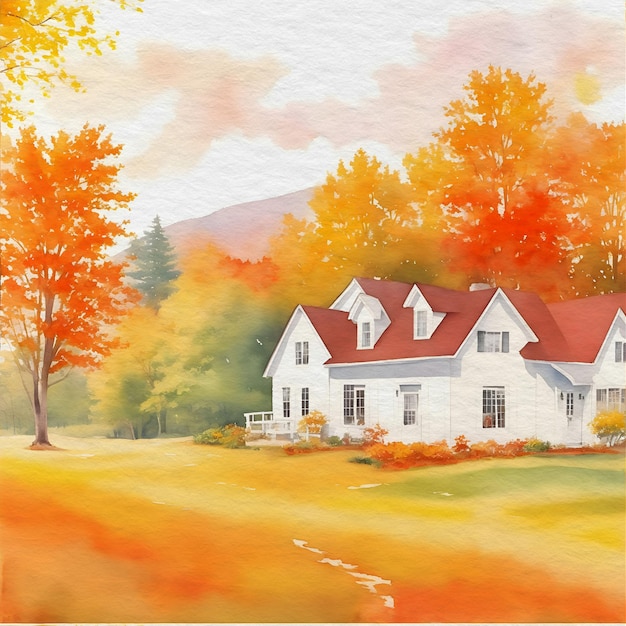 Pintura a la acuarela de una casa de otoño en el campo