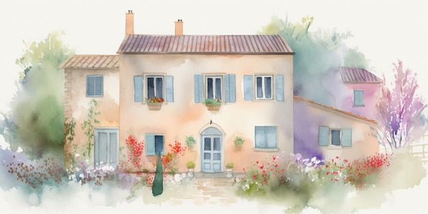 Foto una pintura de acuarela de una casa en provence.