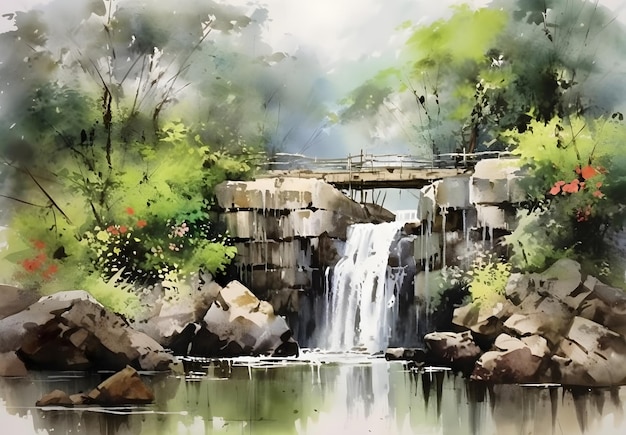 Una pintura de acuarela de una cascada con un puente al fondo.