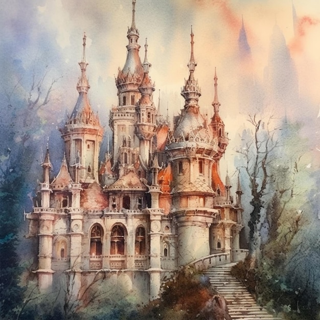 Una pintura de acuarela de un castillo en el bosque.