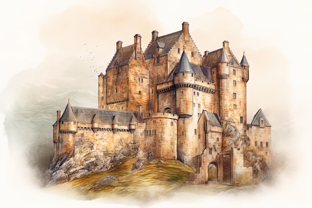 Una pintura de acuarela de un castillo en escocia.