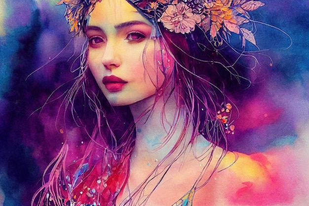 Pintura acuarela de una chica encantadora con flores en el pelo