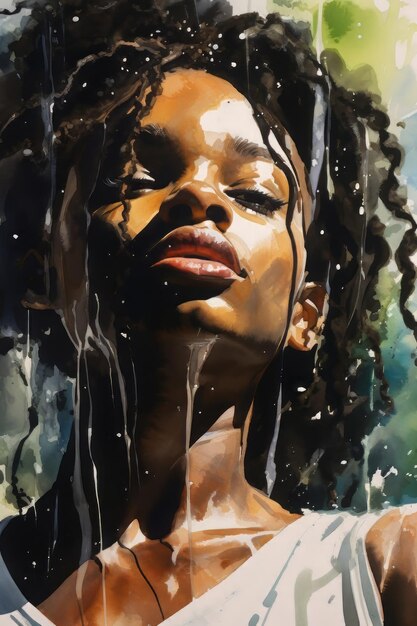 Pintura en acuarela de una chica negra regando el arte