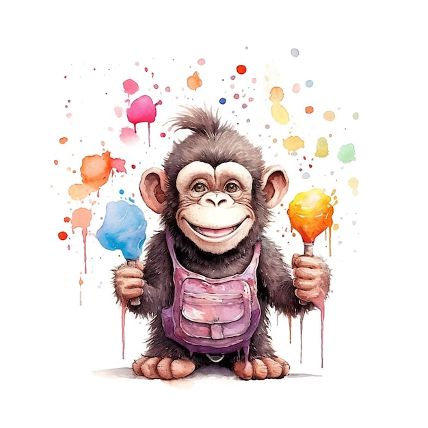 Una pintura de acuarela de un chimpancé con una mochila morada que sostiene coloridos helados.