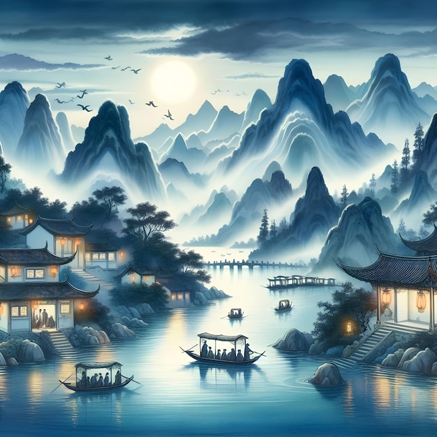 Pintura de acuarela clásica china con hermosos paisajes y montañas