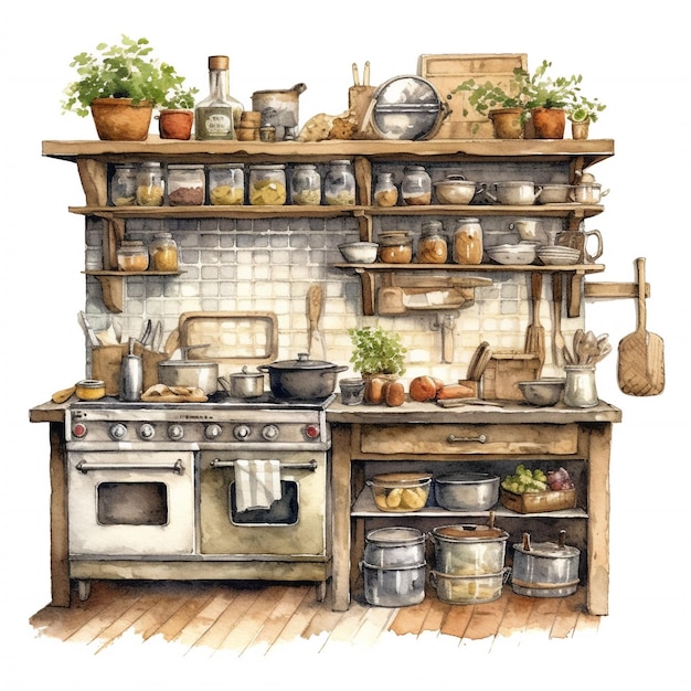 Una pintura de acuarela de una cocina con ollas y sartenes en los estantes.