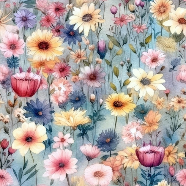 Una pintura de acuarela de un colorido fondo floral con un ramo de flores.