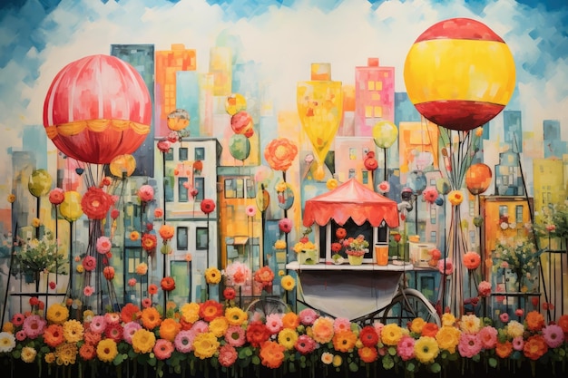 Pintura acuarela de un colorido paisaje urbano con carruajes de juguete, flores y globos, un animado puesto de limonada en un caprichoso paisaje urbano con edificios altos y una vibrante IA generada