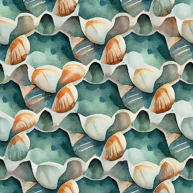 Una pintura de acuarela de conchas con las palabras mar en la parte inferior