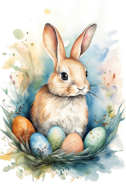 Una pintura de acuarela de un conejito con huevos.