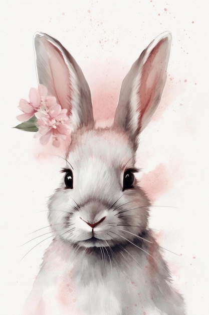 Una pintura de acuarela de un conejo con una flor rosa en el frente.
