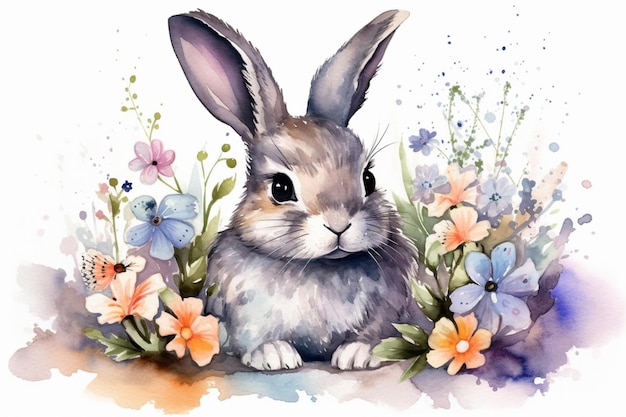 Una pintura de acuarela de un conejo en flores.