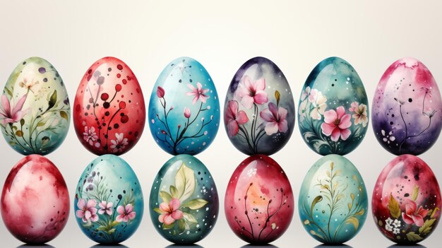 Pintura en acuarela conjunto de huevos de Pascua con flores de primavera arte en blanco