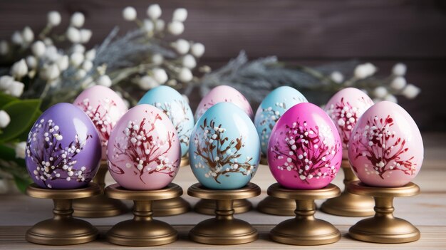 pintura en acuarela conjunto de huevos de Pascua en soportes de cerámica con flores de primavera arte