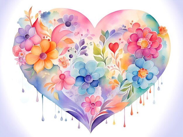 Pintura acuarela de un corazón decorativo del día de San Valentín hecho de flores coloridas Salpicaduras de pintura