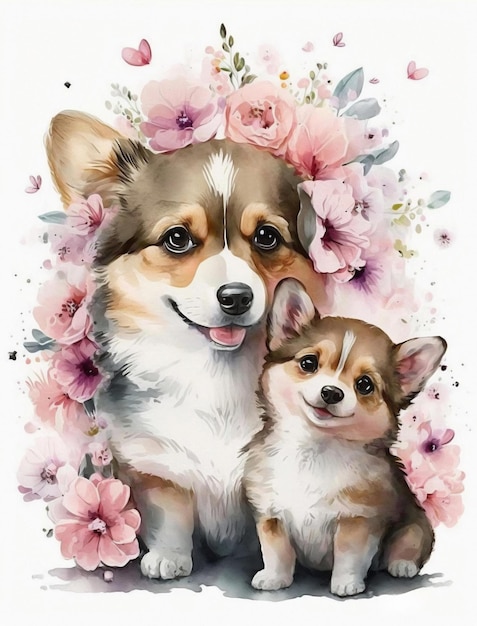 Una pintura de acuarela de un corgi y su cachorro.