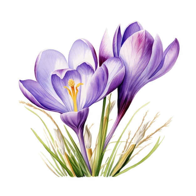 Pintura en acuarela de crocus con fondo blanco