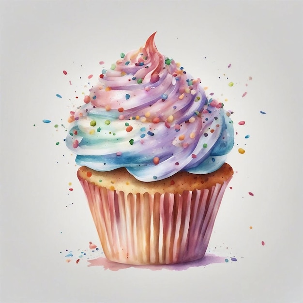 Una pintura de acuarela de un cupcake con glaseado rosa, azul y morado.