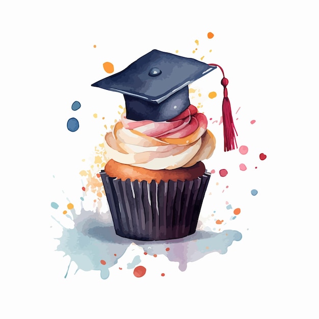 Foto pintura acuarela de un cupcake con un gorro de graduación encima.