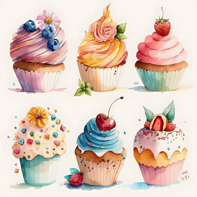 Una pintura de acuarela de cupcakes y un pastel con bayas.