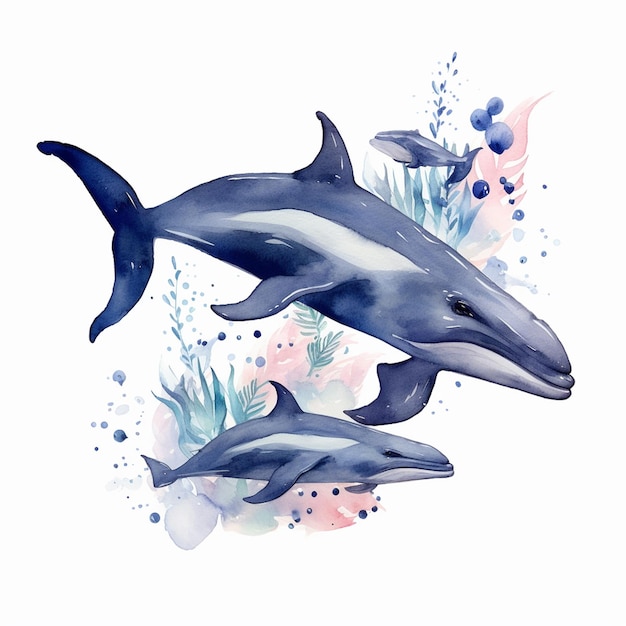 Una pintura en acuarela de delfines en azul y rosa