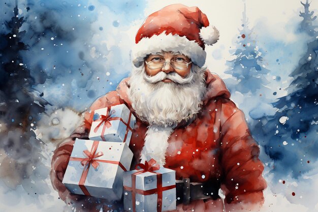 Pintura de acuarela digital de Papá Noel con cajas de regalos en sus manos