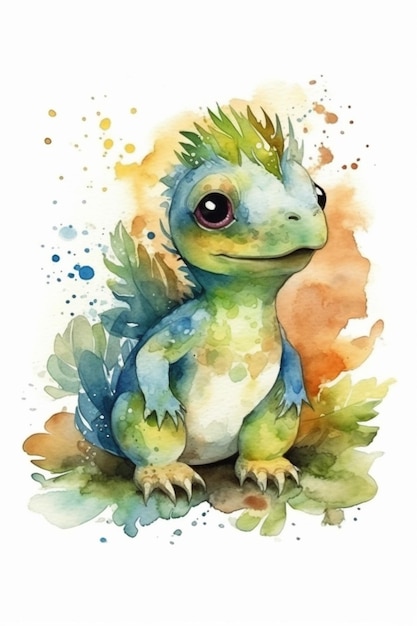 Una pintura de acuarela de un dinosaurio bebé.