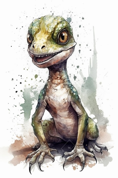 Una pintura de acuarela de un dinosaurio con una cabeza verde y un fondo blanco.