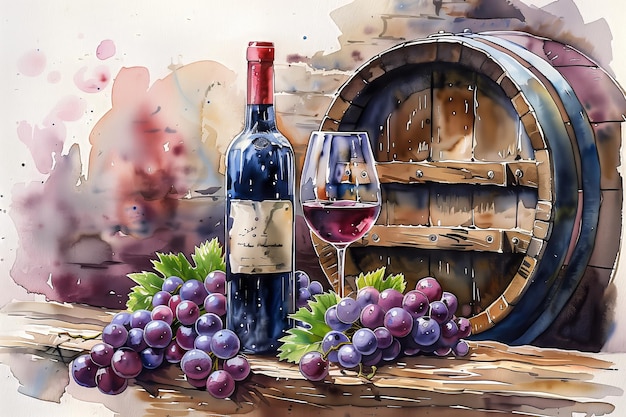 Pintura en acuarela de la disposición de botellas de vino y vasos con racimos de uvas con cubas de fermentación de vino en el fondo
