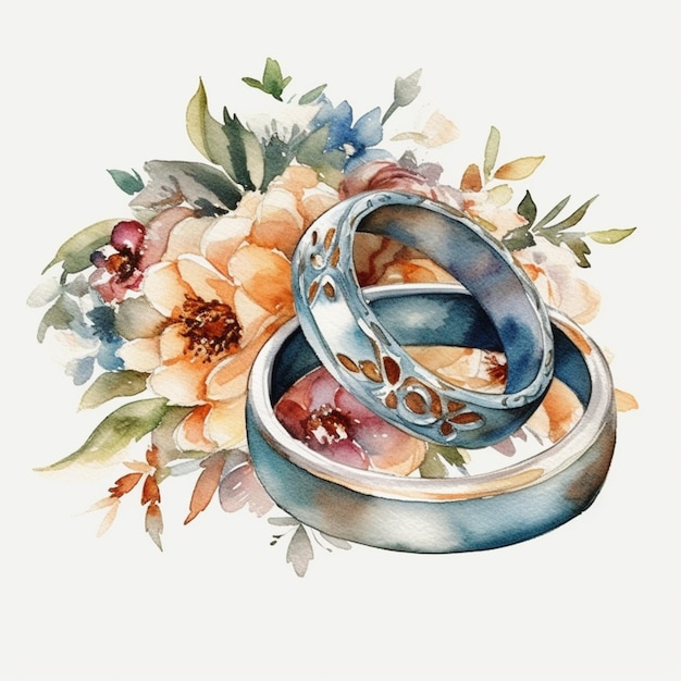 Una pintura de acuarela de dos anillos de boda sobre un fondo blanco.